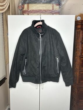 Robert Graham Vegan Suede Black Bomber Jacket Mens Medium Fleece Collar NEW